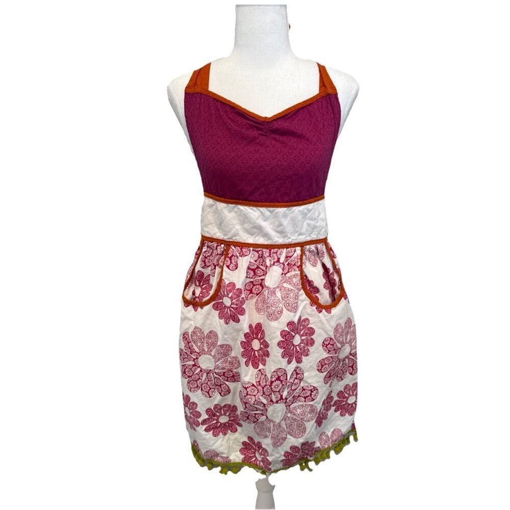 Apron Pier 1 Imports Floral Cotton One Size Pockets Ruffles Cottage Pink White